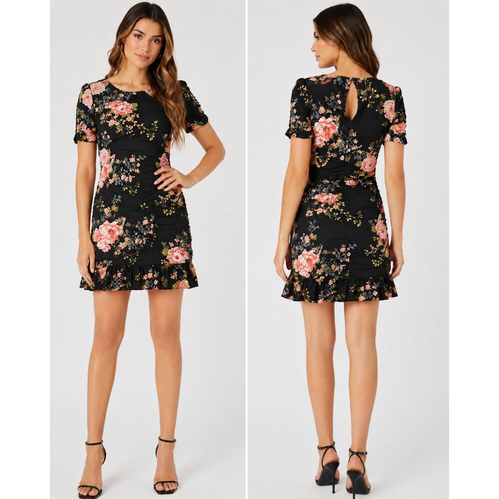 Forever 21 Floral Ruched Ruffle Mini Dress Black Pink Short Sleeve